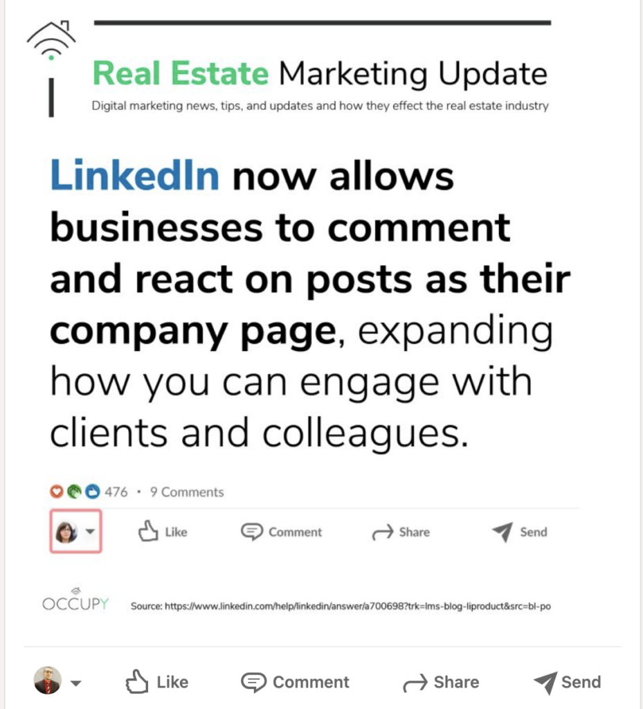 LinkedIn Post showing how to change from personal to business page.